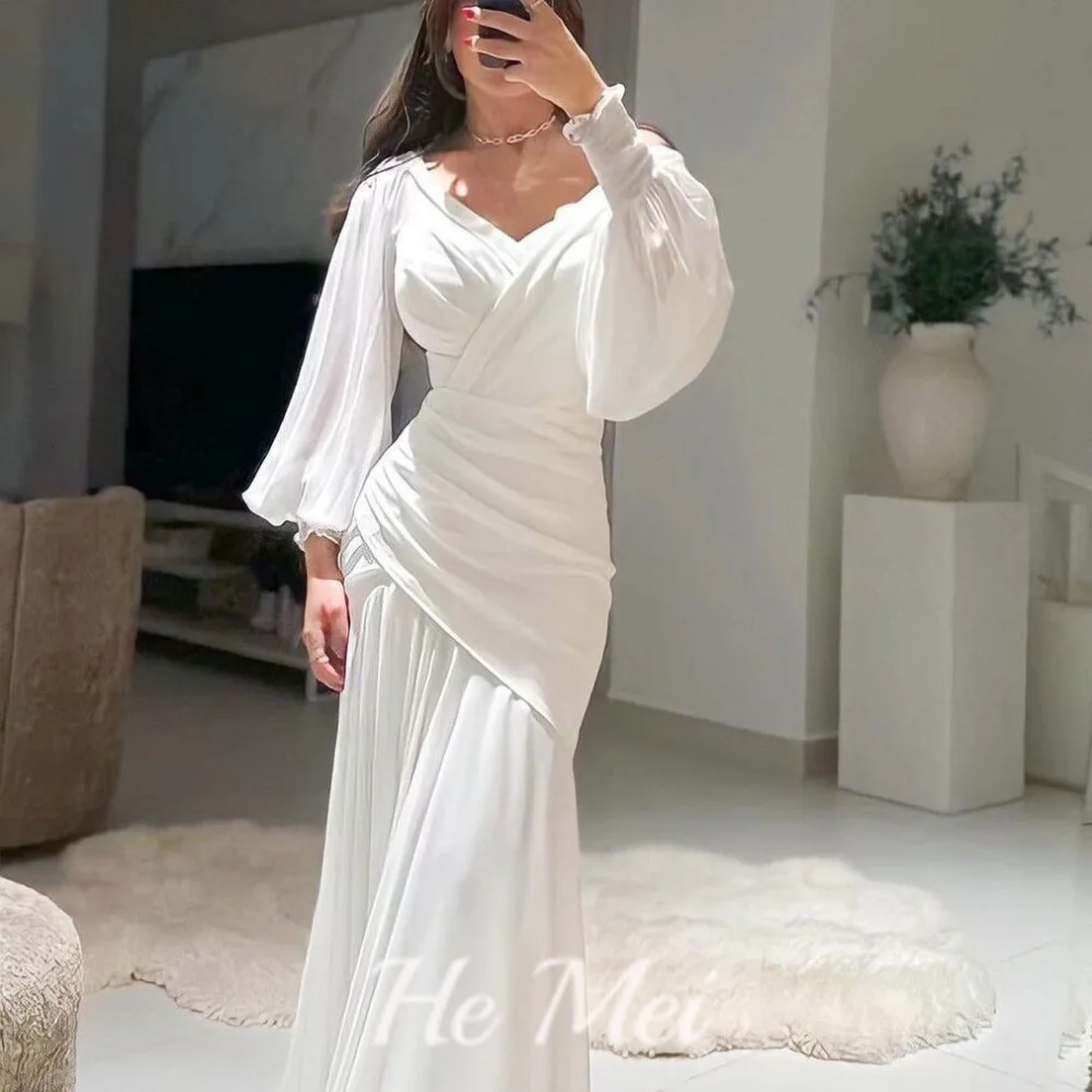 Elegant Prom Dress For Women Simple V Neck Lantern Sleeve Evening Gowns Mermaid Floor Length Party Dresses فساتين سهرة