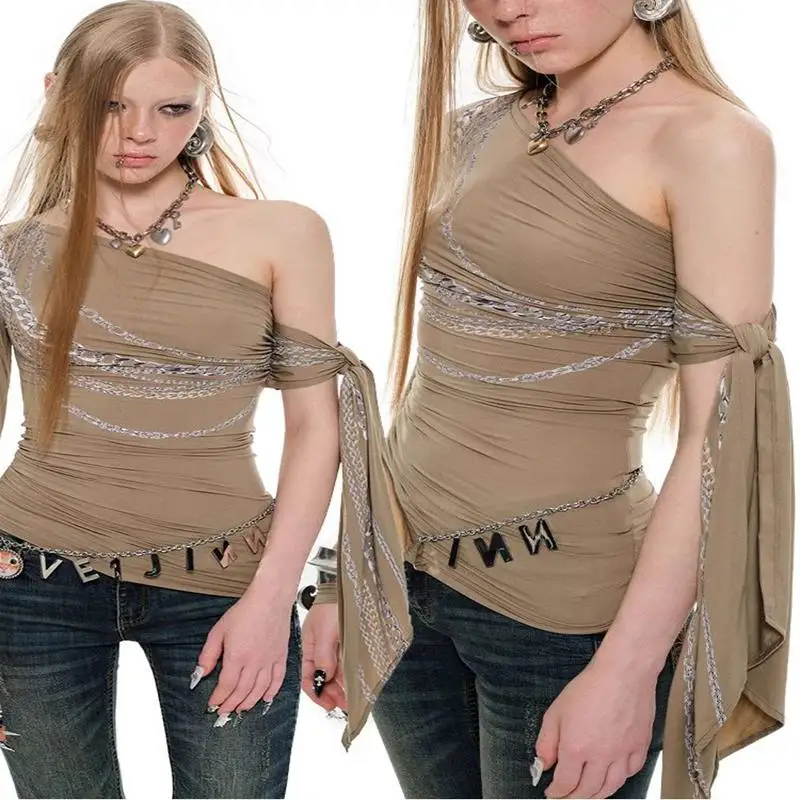 

Women's Chain Print Diagonal Shoulder Ribbon Off Shoulder Vest Girl T-shirt Vintage Outerwear Female Christmas Sexy Thin Top