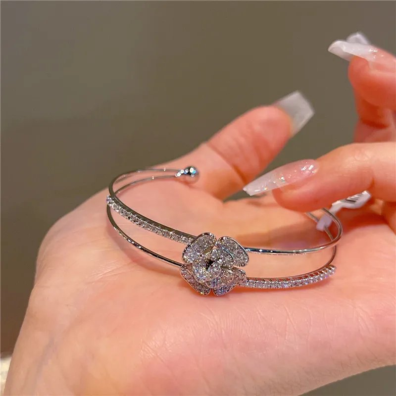 CC Open Bangle Girs Birthday Gifts Rose Shape Silver Color Double Layer Cuff Bracelets Shining Zirconia Daily Wear Party J1180