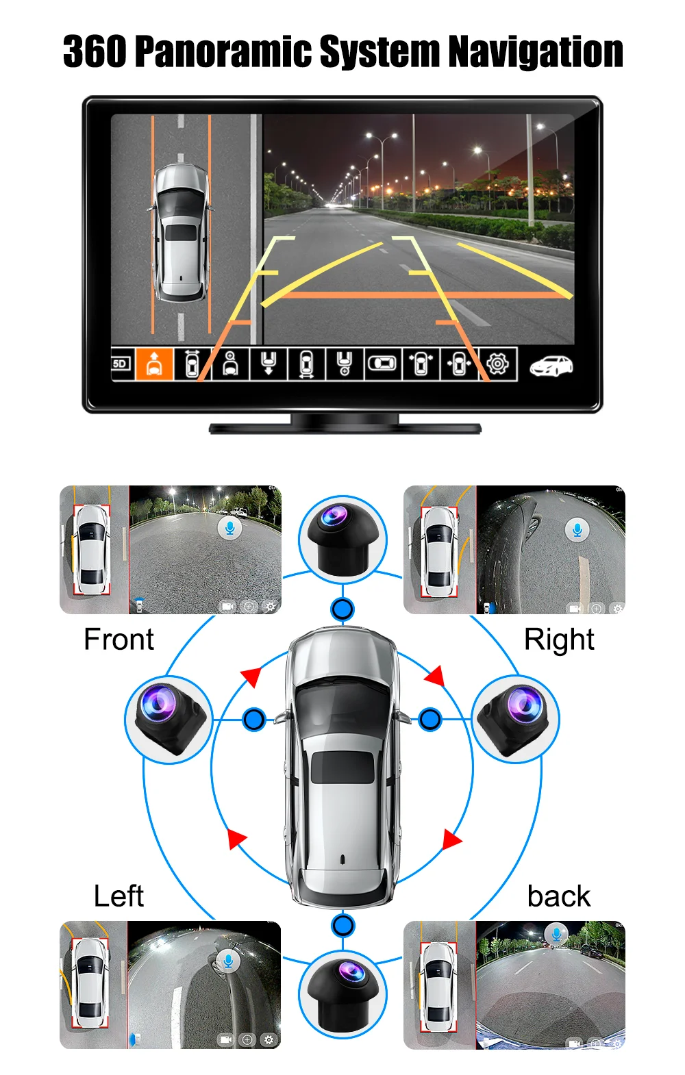 360 Reverse Backup Camera Parking Sensor System 9 Inch IPS Portable Carplay Android Auto GPS Navigation Monitor