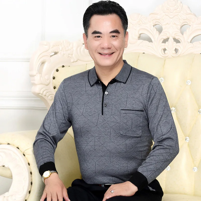 

Весенне-осенняя футболка с отложным воротником и длинными рукавами для папы, корейская модная дышащая рубашка-поло на пуговицах с лацканами