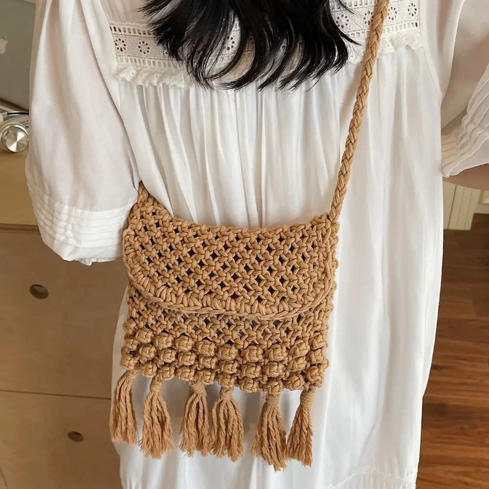 

Hollow Out Cotton Thread Woven Bag Beach Handbag Crochet Tassel Beach Bag Bohemian Style Large Capacity Hollow Shoulder Bag