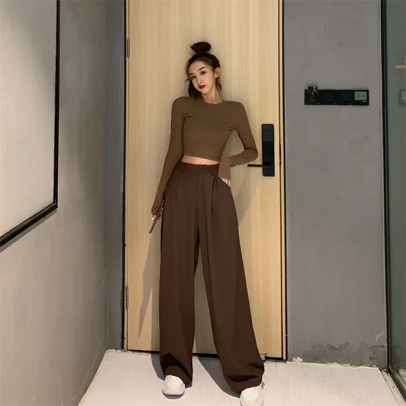 2023 Retro Solid Color Wild Straight Wide Leg Pants Female Spring New Korean Fashion High Waist Casual Long Pants