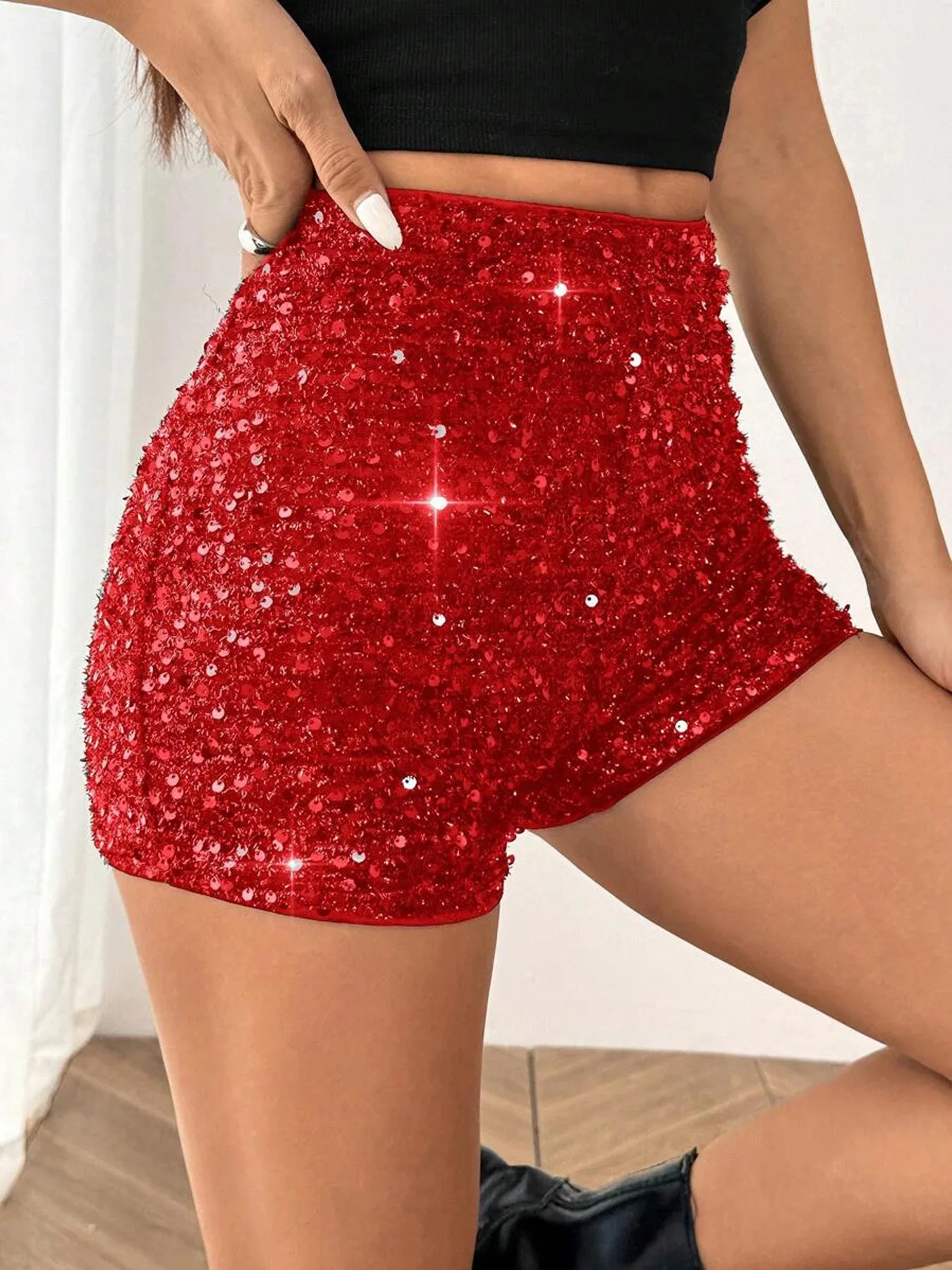 Women Sequins Black Low Rise Shorts Y2K Sexy Skinny Mini Shorts Summer Fashion Party Clubwear Costume Bottoms