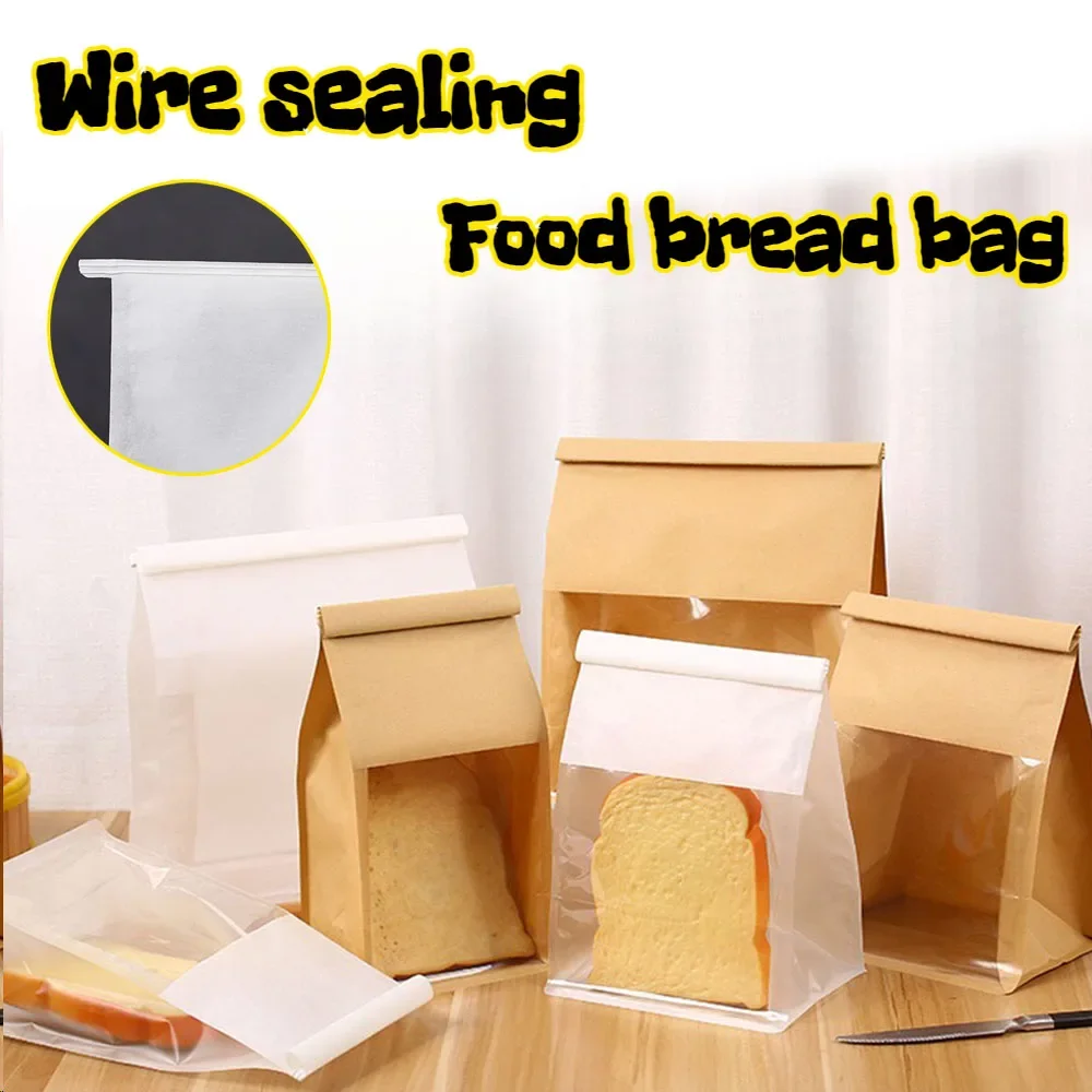 

10-50pcs/set Toast Bread Bag Wire Rolled Edge Self-sealing Baking Snack Food Paper Bag Greaseproof Kraft Paper Packaging Bags