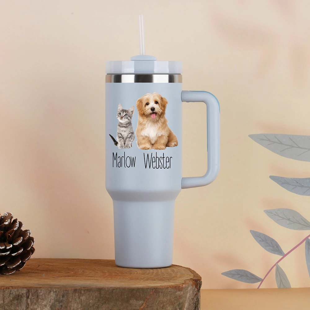 Personalized 40 oz Tumbler with Handle Lid Straw Stainless Steel Water Bottle Custom Pet Photo With Name Tumbler Pet Owner Gift