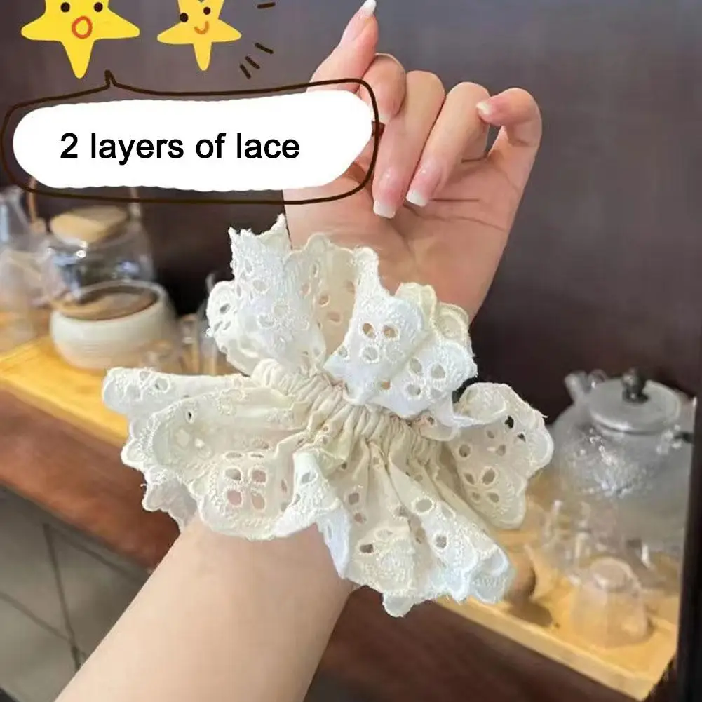 Lace Bow Scrunchies Delicate Sweet Korean Embroidery Hollowed Lace Ruffled Double-layer Scrunchie Ponytail Hair Band Headdress