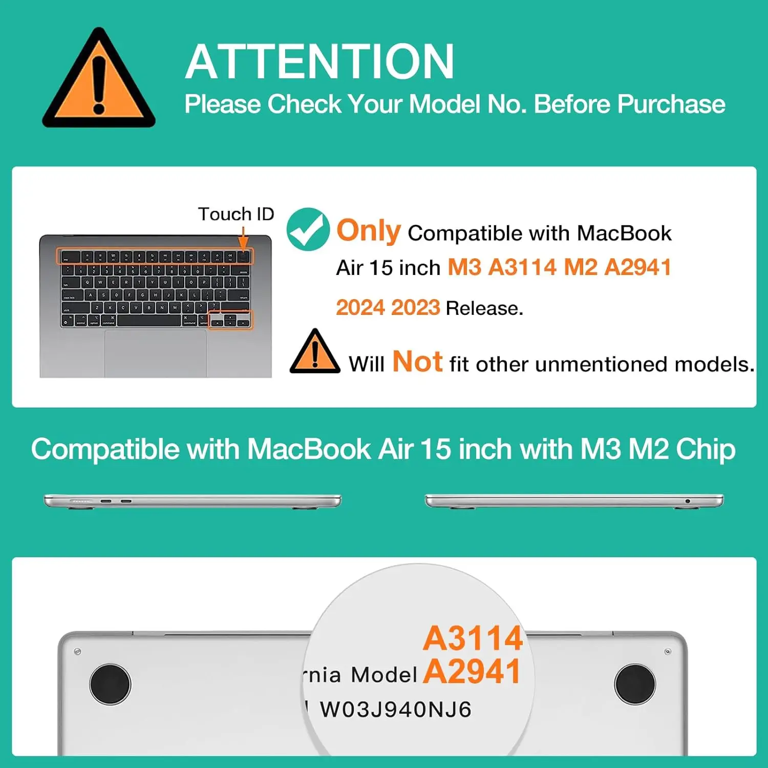 Laptop Case For 2024 MacBook Air 15 inch Case M3 A3114 M2 A2941 Heavy Duty Plastic Hard Shell with TPU Bumper & Keyboard Cover