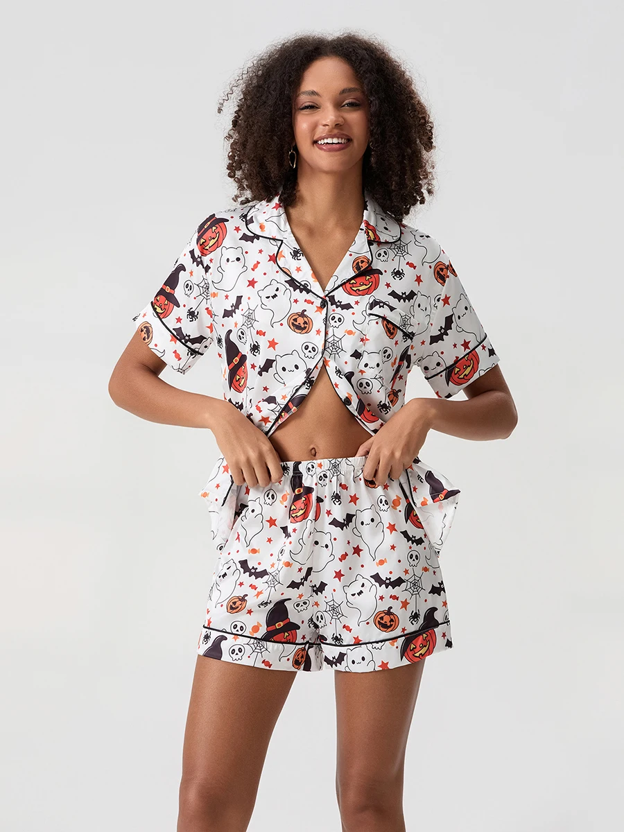 Women Halloween Pajama Set Ghost Pumpkin Print Short Sleeve Button Closure Top with Shorts Sleepwear Loungewear