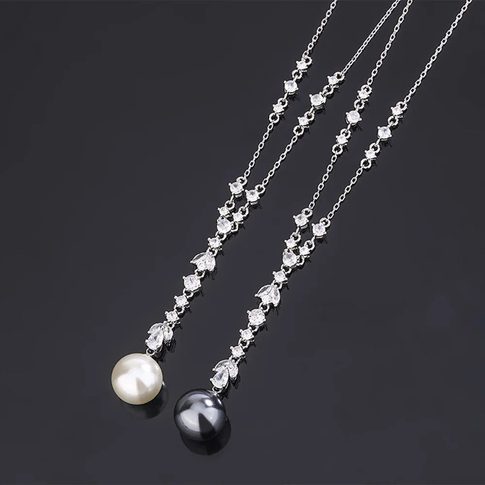 Luxury 14mm Black White Big Pearl Tassel Pendant Necklace for Women Lab Diamonds Elegant Anniversary Gift Party Fine Jewelry