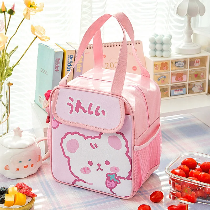 Kawaii Lunch Bag Women Cute Bear Picnic Travel Thermal Breakfast Box Girls School Child Convenient Lunch Box Tote Food Bags