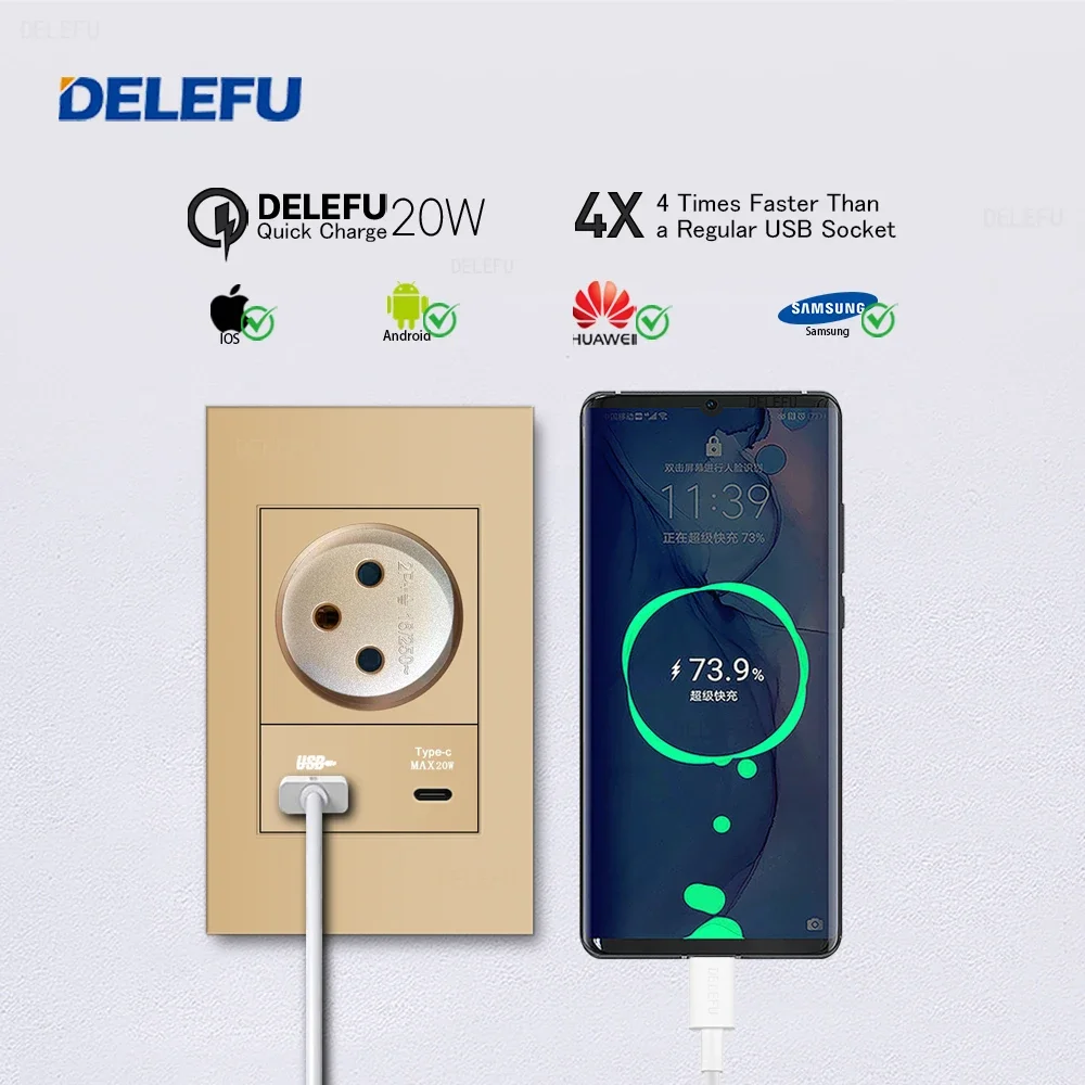 DELEFU Fire Retardant SC31 Panel Gold Israel Standard USB Type C Fast Charging Wall Socket Switch Satellite TV Phone CAT5 CAT6