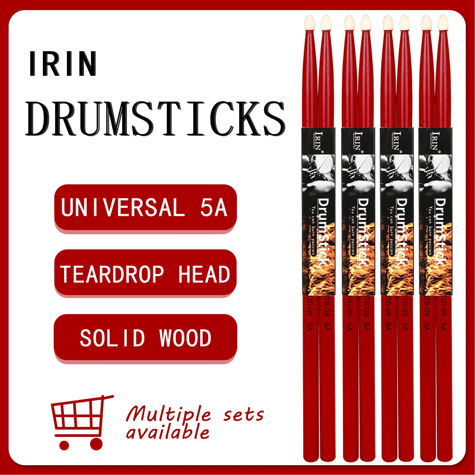 IRIN Drumstick Jazz Drum 5A Solid Wood Pair Drum Sticks Percussion Music Instrument Sturdy Maple Red Drum Universal Accessories