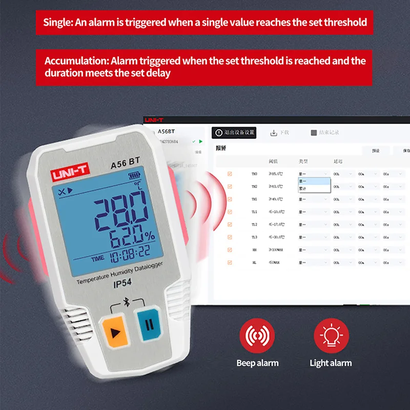 UNI-T Temperature Humidity Data Logger A56 BT Bluetooth Digital Food Thermometer Hygrometer 64000 Sets Data Storage IP54