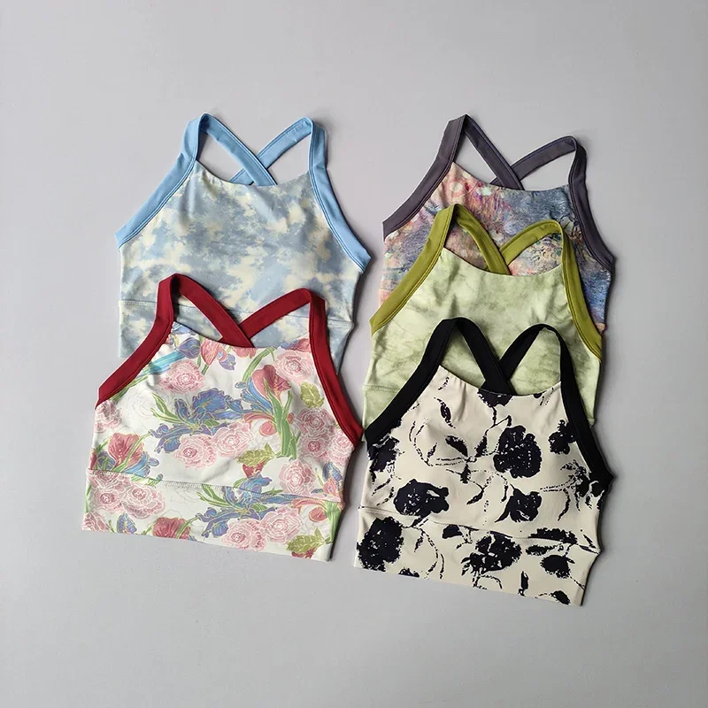 Sports Underwear High-intensity Shock-proof Running Fitness Bra Gym One-piece Cup Printed Side Breast Yoga Suit Vest Sexy Suit