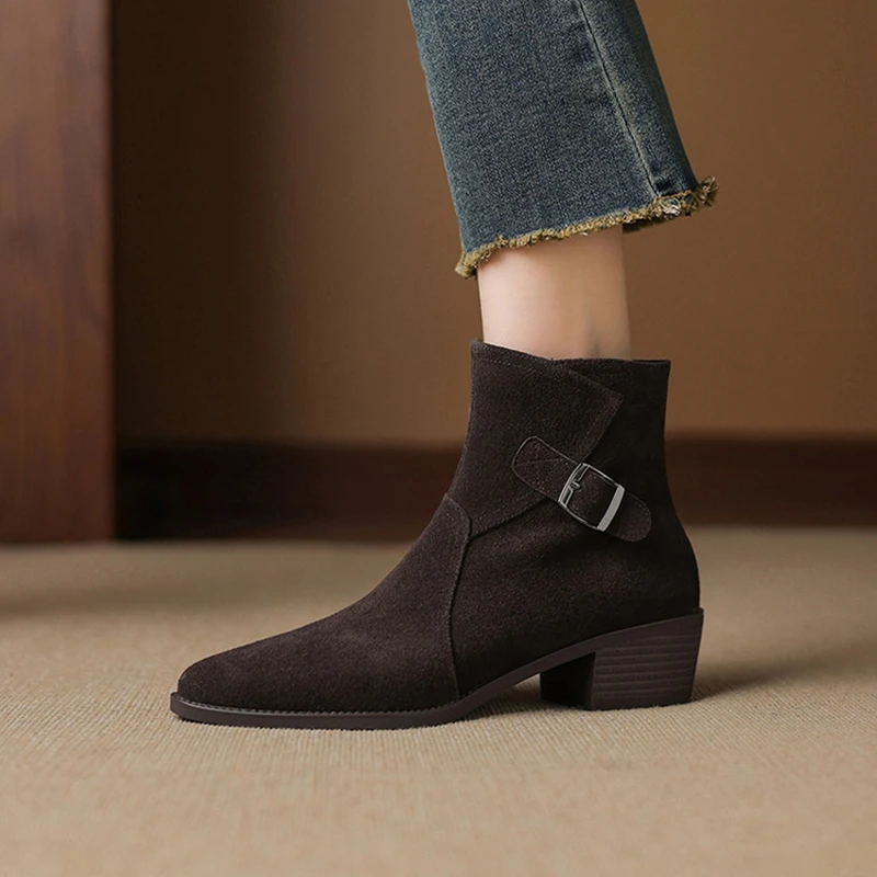 

Women's new leather cow suede handmade pointed metal belt buckle, mid heel plus size and calf short boots, Chelsea boots