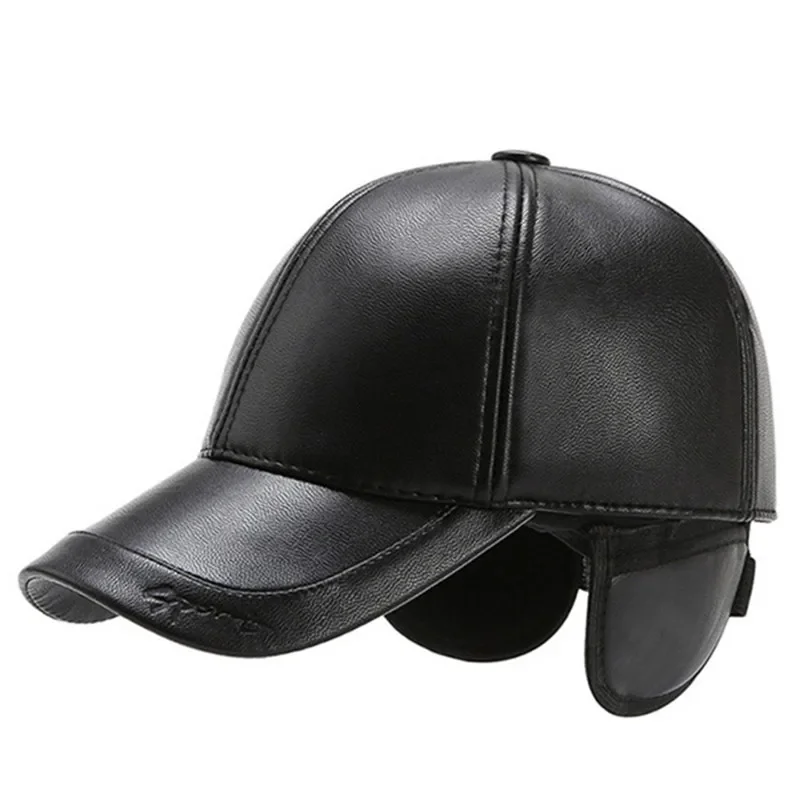 

Winter Men's Warm Hat Thick Velvet Baseball Cap PU Leather Earmuff Hats New Windproof Ear Protection Casual Sports Caps
