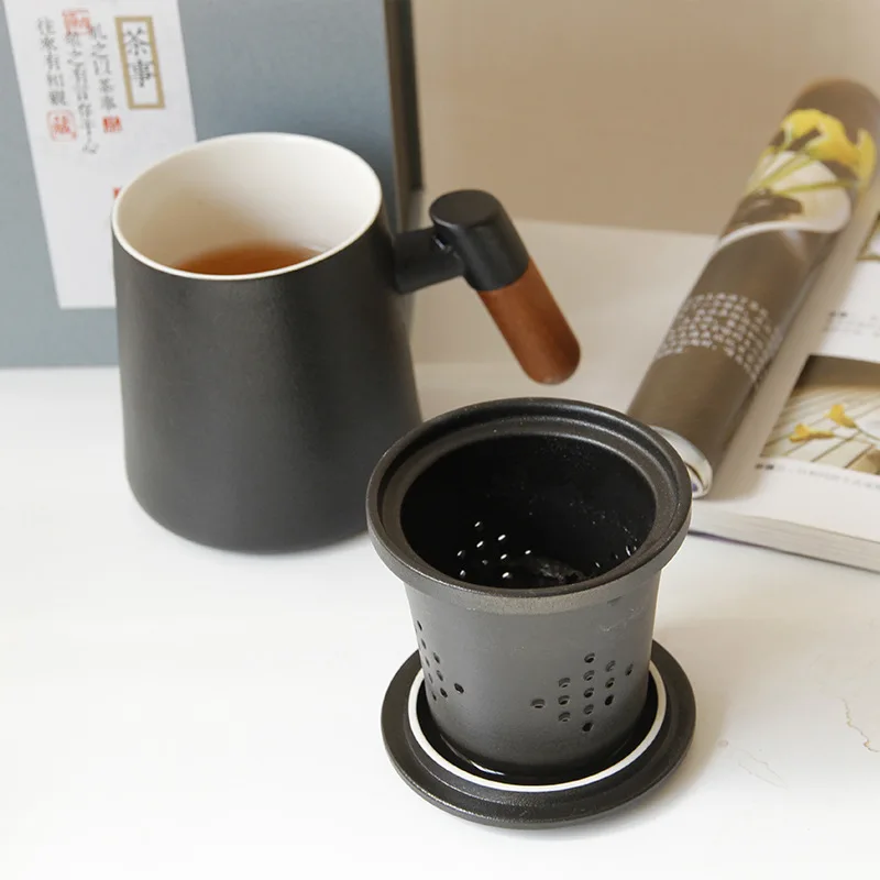 Three Pieces Ceramic Filter Mug with Lid Office Household Large Capacity Tea Water Separation Wooden Handle Tea Cup