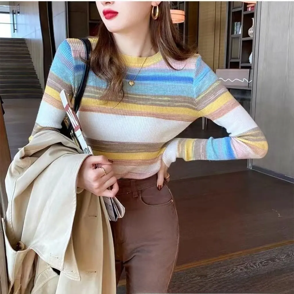 

Women's Early Autumn Knit Sweater Rainbow Striped Japanese Korean Casual Style Base Shirt Inner Layer