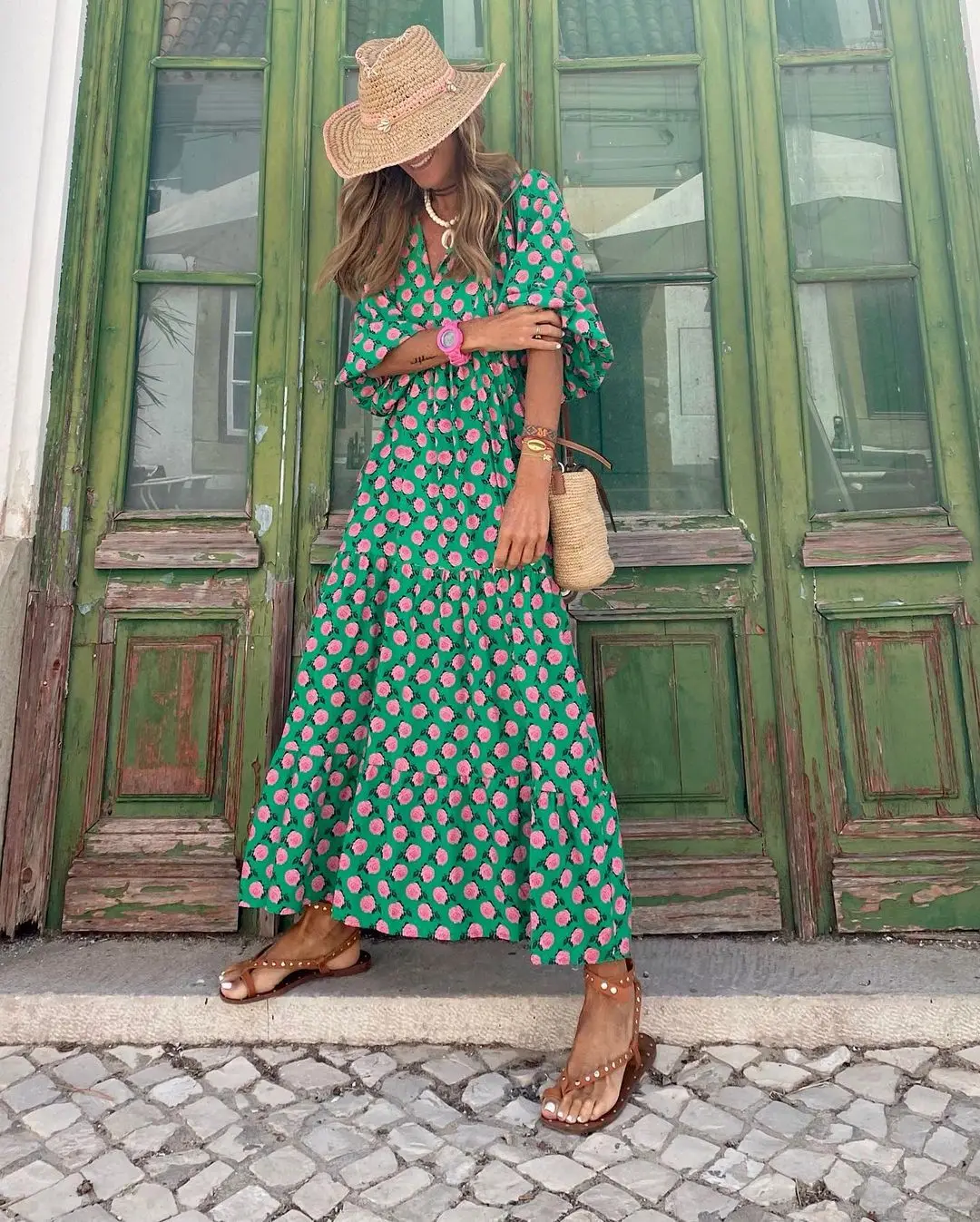 Spring Summer Loose Maxi Dresses Bohemian Floral Print Puff Sleeve V-Neck 2025 New Beach Dress Bodycon Casual Boho Vestidos Robe