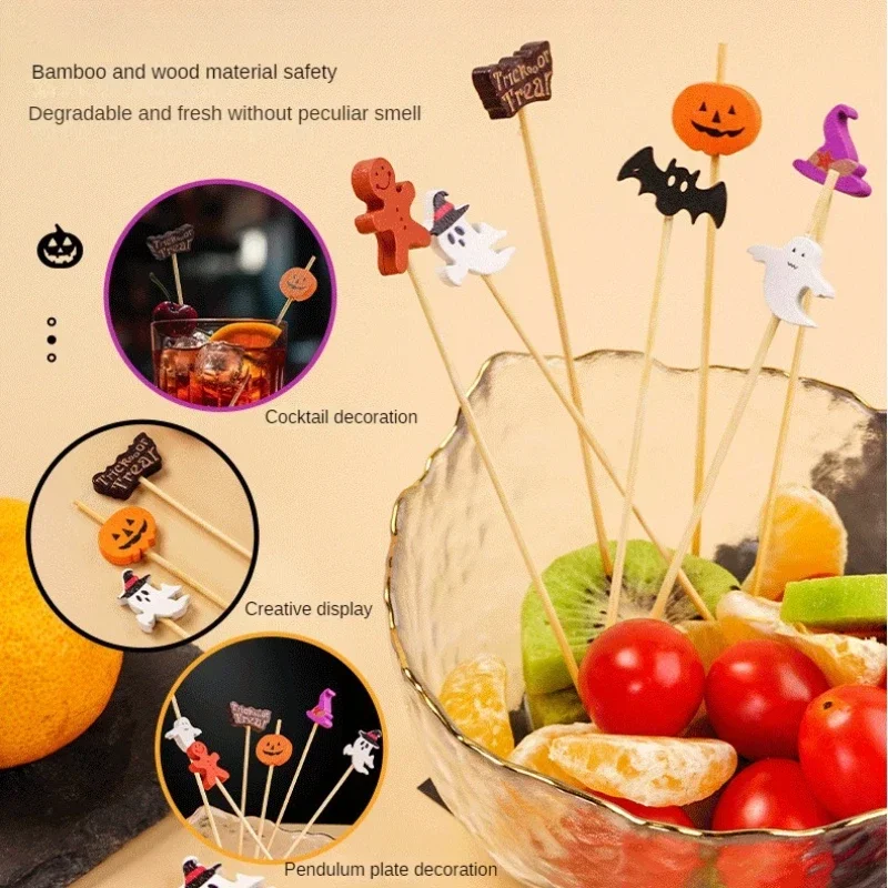 200/100Pc Halloween Disposable Bamboo Skewers Pumpkin Ghost Fruit Fork Buffet Dessert Cocktail Bamboo Stick Halloween Decoration