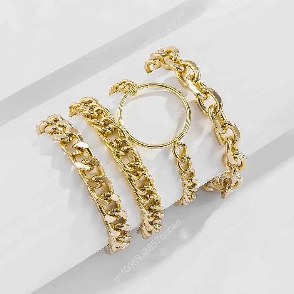 Pulseira de corrente robusta dourada para mulheres, pulseira boho com cabo plano, pulseira de corrente robusta com círculo, conjunto de 4
