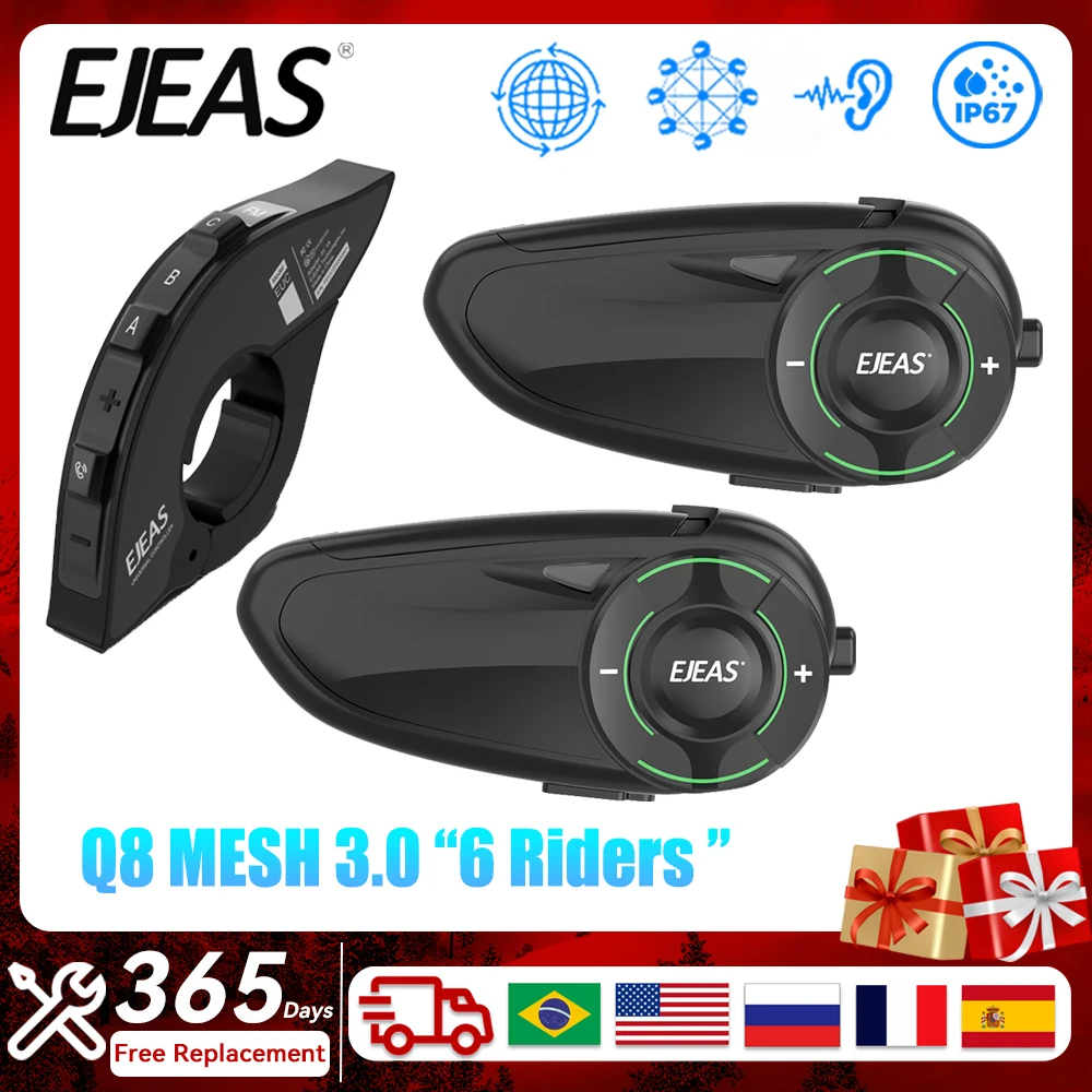 EJEAS Q8 Motorcycle Helmet Mesh3.0 Group Intercom Bluetooth Headset 6 Riders 1000M BT5.1 Talking Support Music Sharing FM IP67