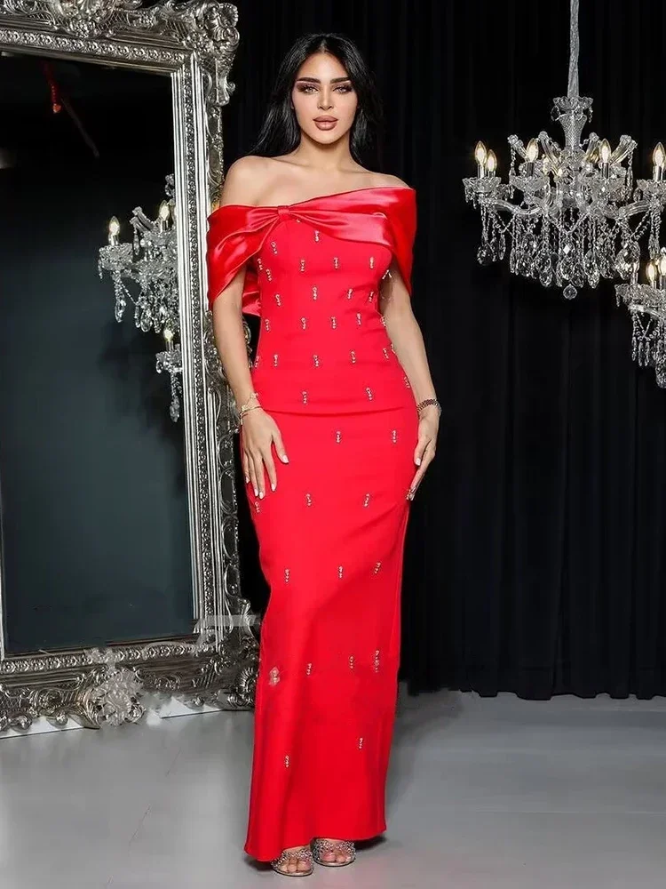 

Sexy Off the Shoulder Ruched Beaded Bandage Dress Women Red Black Bowkont Patchwork Long Bodycon Dresses Evening Party Gowns