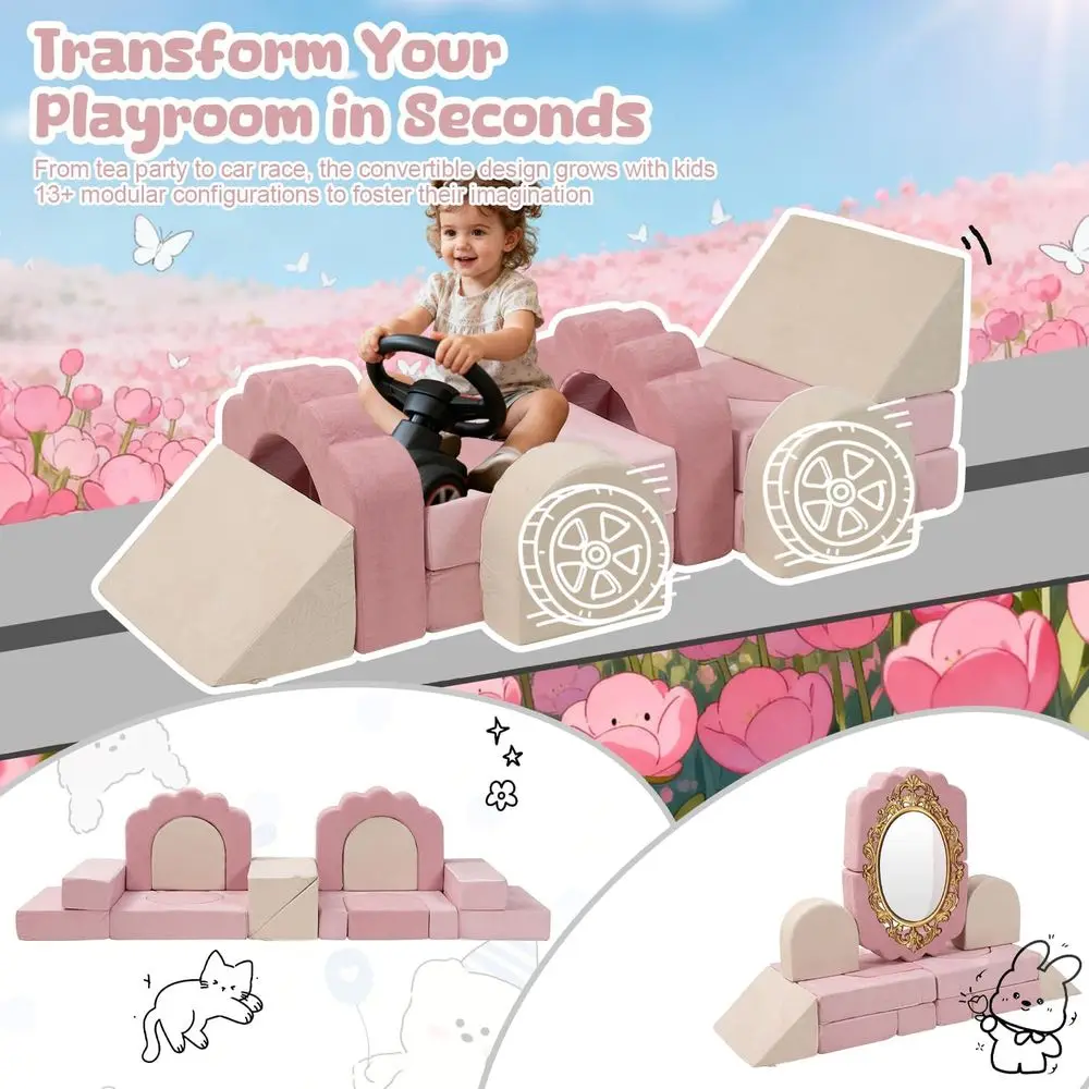 Toddler Foam Climbing Blocks Set, 13-Piece High-Density Play Structure, Washable Indoor Climbing Toys (Beige Pink)