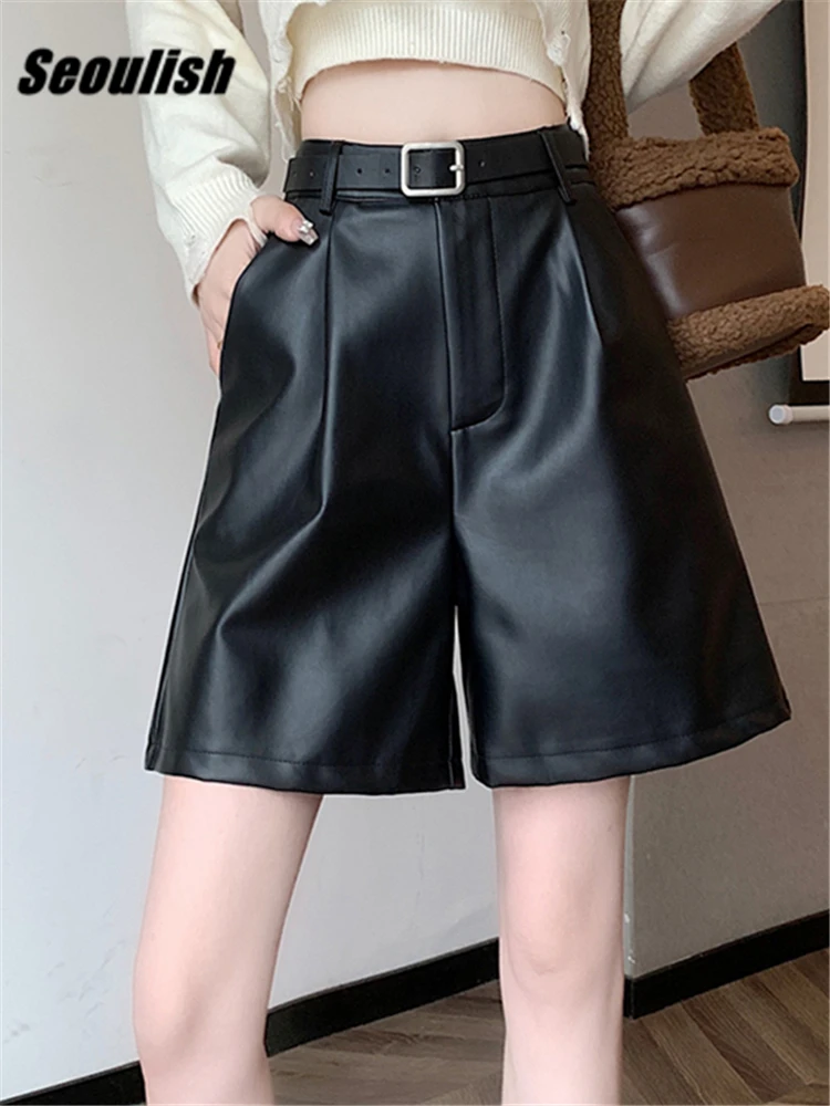 

Seoulish Autumn Winter Women's PU Leather Half Pants with Belted High Waist Loose Casual Wide Leg Trousers Black Shorts