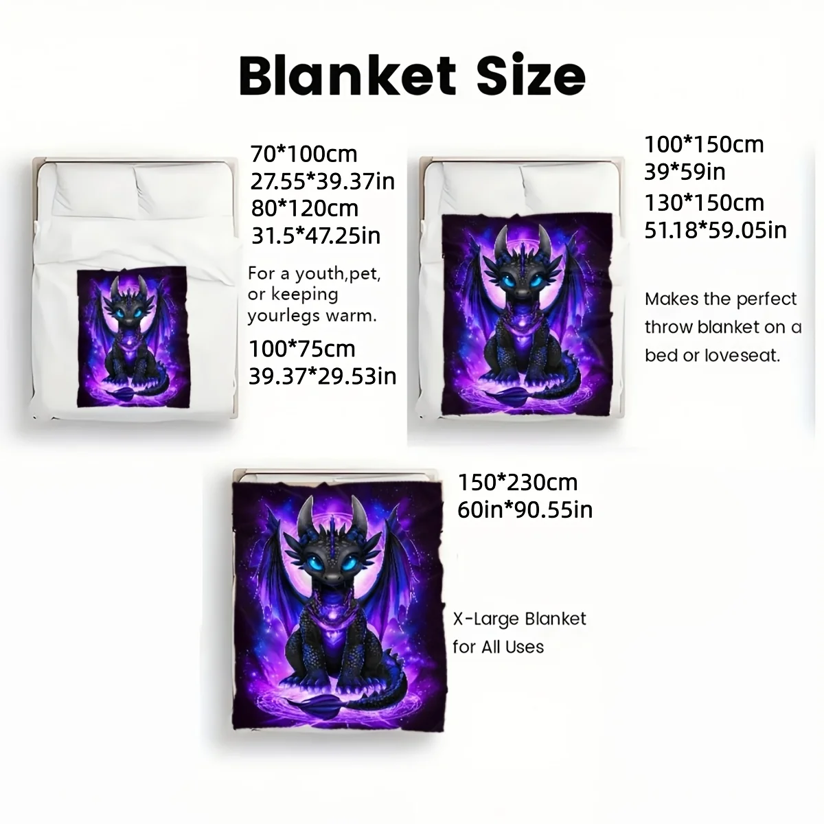 A Dragon-Themed Fleece Blanket in Neon Purple/Blue/Pink/Red, Accompanied by a Heavy Black Dragon-Patterned Bedspread, Available