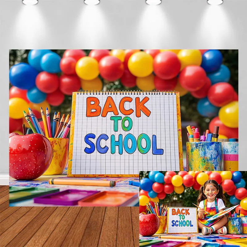 LS School Themed Photography Background Colorful Balloon Arch Crayon Apple Decor Kids Adults Portrait Photo Backdrop Studio