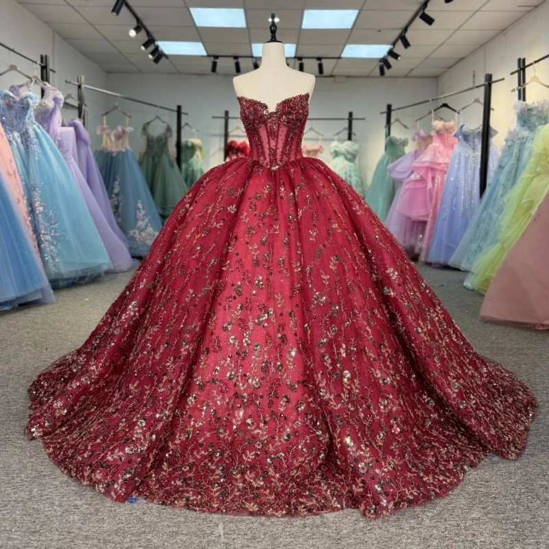 

Red Shiny Quinceanera Dresses Off The Shoulder Sequin Applique Lace Beading Tull Party Birthday Sweet 16 Dress Vestidos 15 Anos