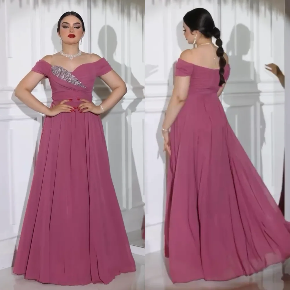 

Customized Fashion Chiffon Pleat Sequined A-line Off-the-shoulder Long Dresses Bespoke Occasion Quinceanera Formal