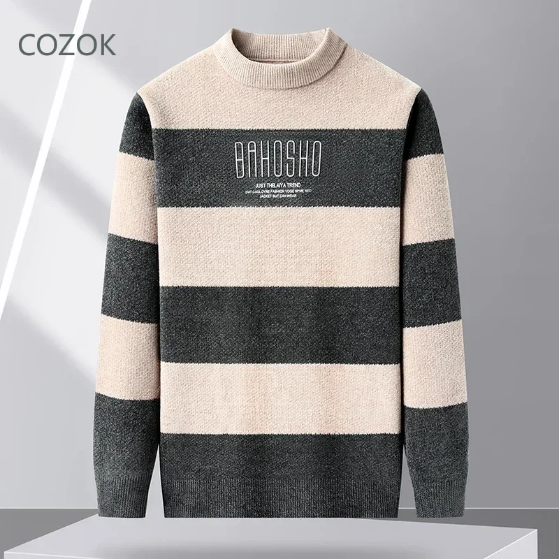 COZOK Crew Neck Pullover Men Knit Striped Sweater Male Mens Luxury Designer Clothing Sweatshirts Long Sleeves Winter Man Nueter