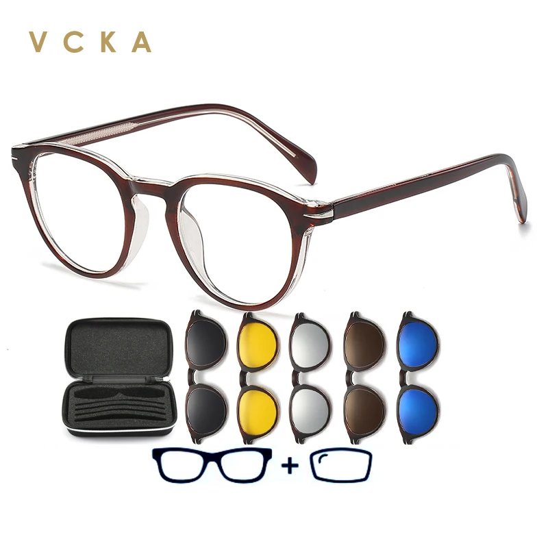 

VCKA 6 In 1 Round Custom Myopia Sunglasses Transparent Tea Frame Magnetic Clips Eyewear Men Women Polarized Reading Glasses