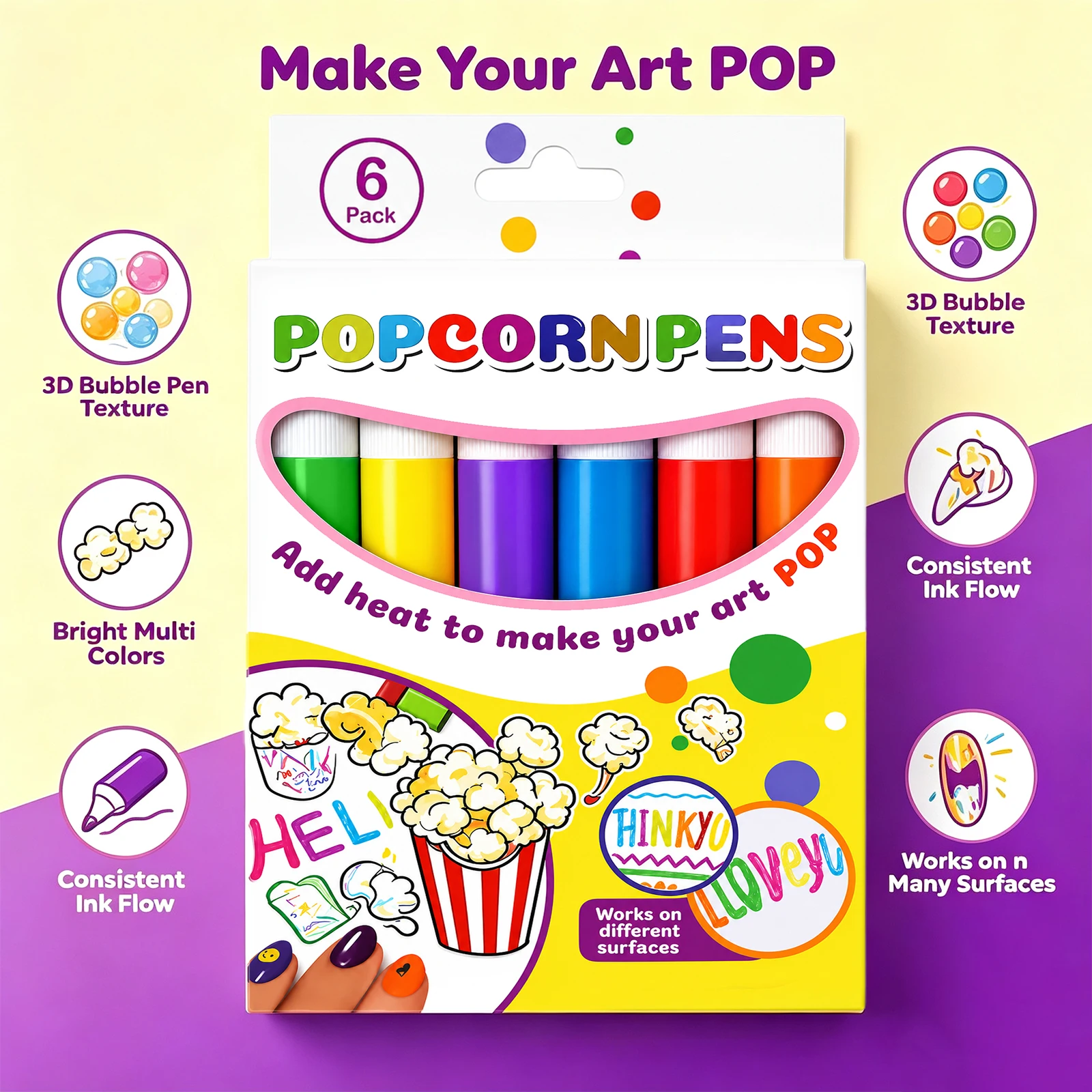 6 Colors Popcorn Pen Set Heat‑Activated 3D DIY Craft Marker Craft Pen Puffy Bubble Paint Pen For Graffiti Card Making Decoration