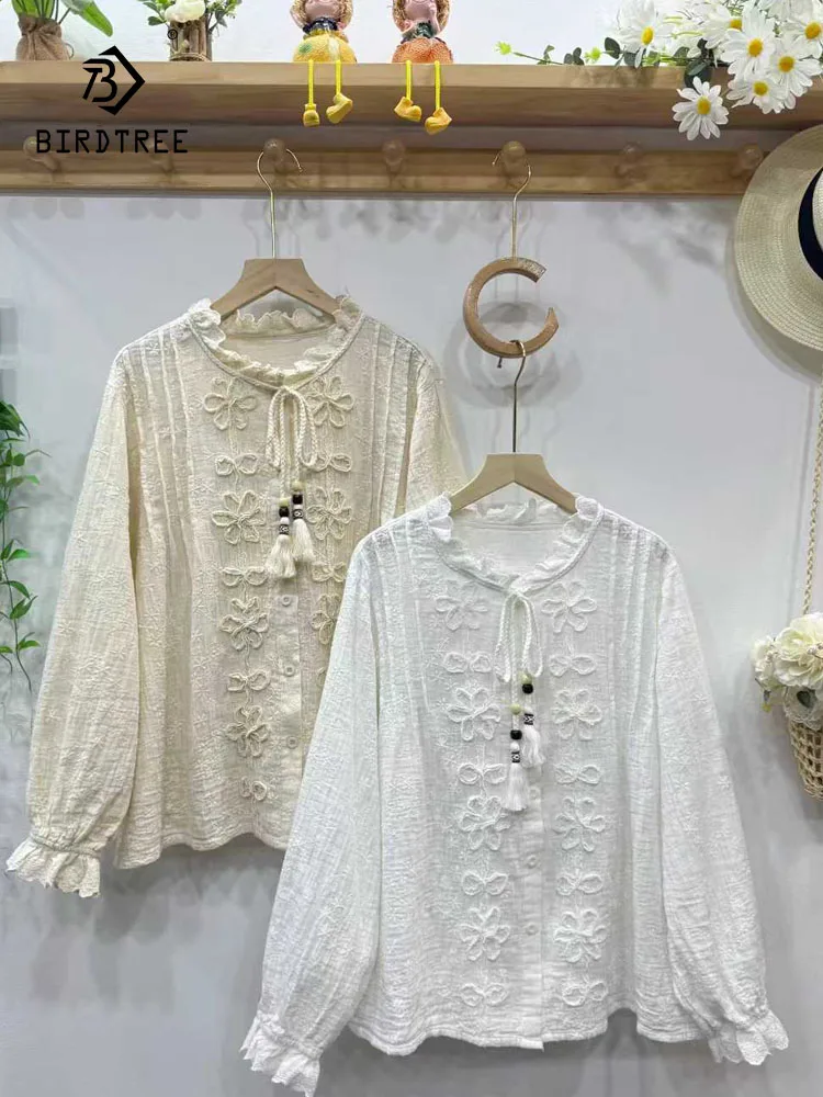

New 2025 Winter Cotton Long Sleeve Shirt, Women Ruffled Crochet Floral Lace-up, Mori Girl French Casual Loose Blouse T5D521CC