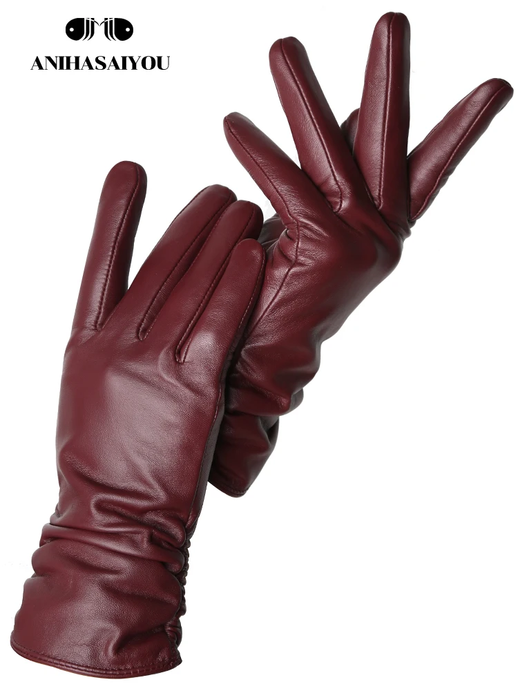 

Простые женские перчатки, зимние теплые бархатные короткие тонкие перчатки для сенсорных экранов, цветные женские кожаные перчатки для вождения, высокое качество