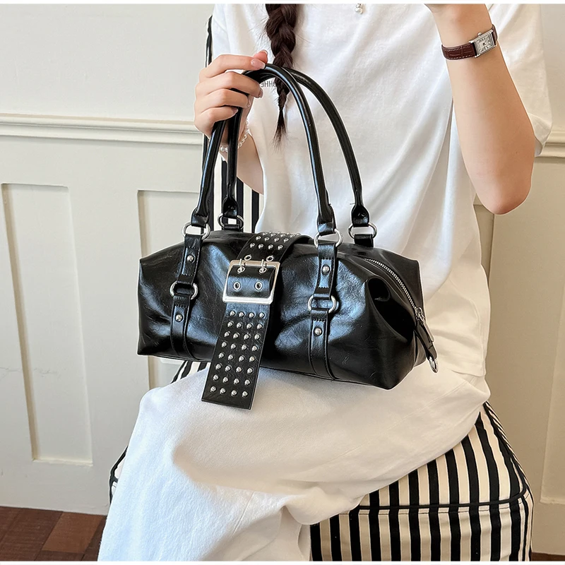 Y2k Nieten-Gürtelschnallen-Handtasche, Damen Motorrad Biker Punk-Stil Metall-Nieten-Schultertasche, Koreanische Y2k Mädchen Reißverschluss-Tragetasche – Detail 26