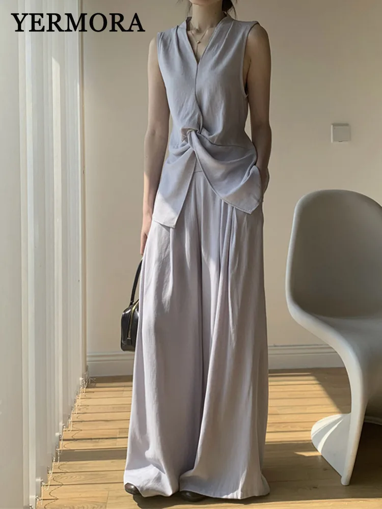 

YERMORA Women Two Pieces Set Purple Cross Thin Casual Vest V-neckloose New High Waist Wide Leg Pants Fashion Spring Summer 2025