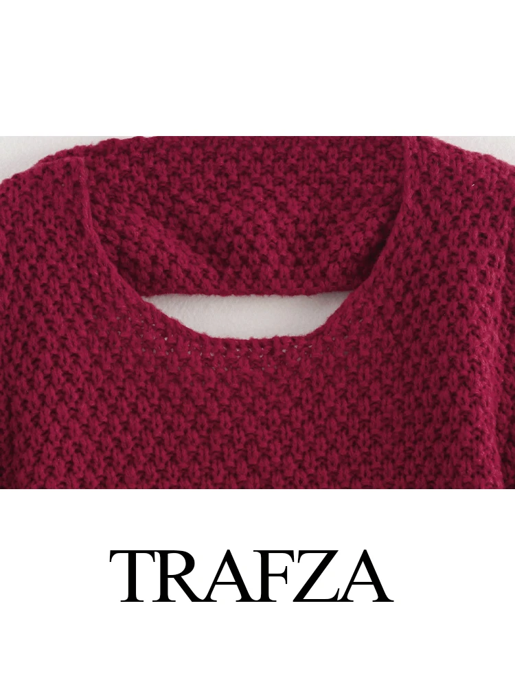 TRAFZA, nueva moda para mujer, suéter corto Sexy con cuello redondo y espalda descubierta de punto con lazo, ropa de calle versátil Retro para mujer, suéter informal