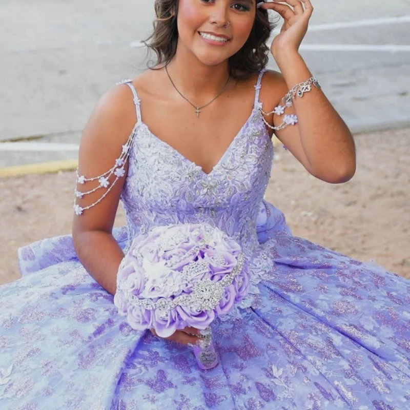 

Shiny Lavender Quinceanera Dress Glitter Decal Lace layering 3D Flower Long tail Vestidos De 15 Quinceanera ﻿Customize