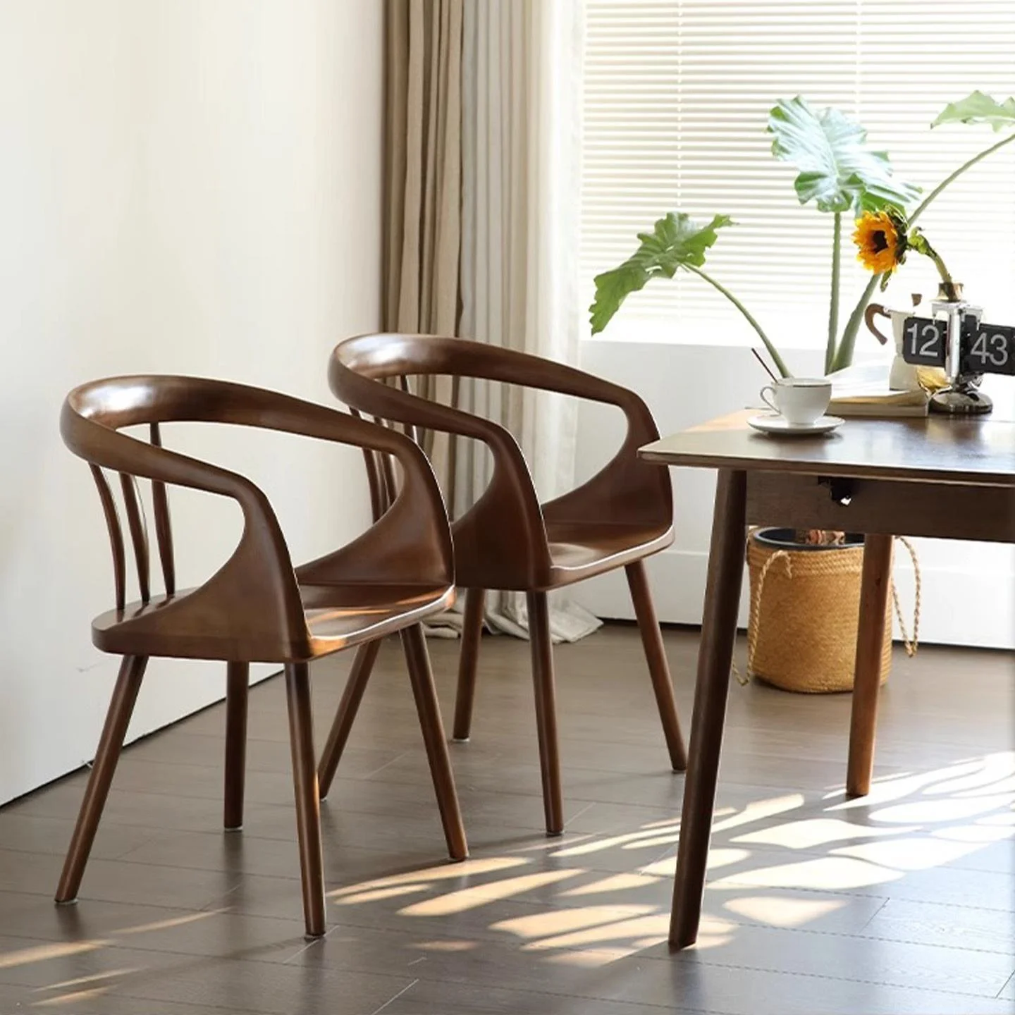 /Mid-Century Style Home Study Use /Black Walnut Solid Wood Dining Chair Backrest Armrests Multifunctional Space Capsule
