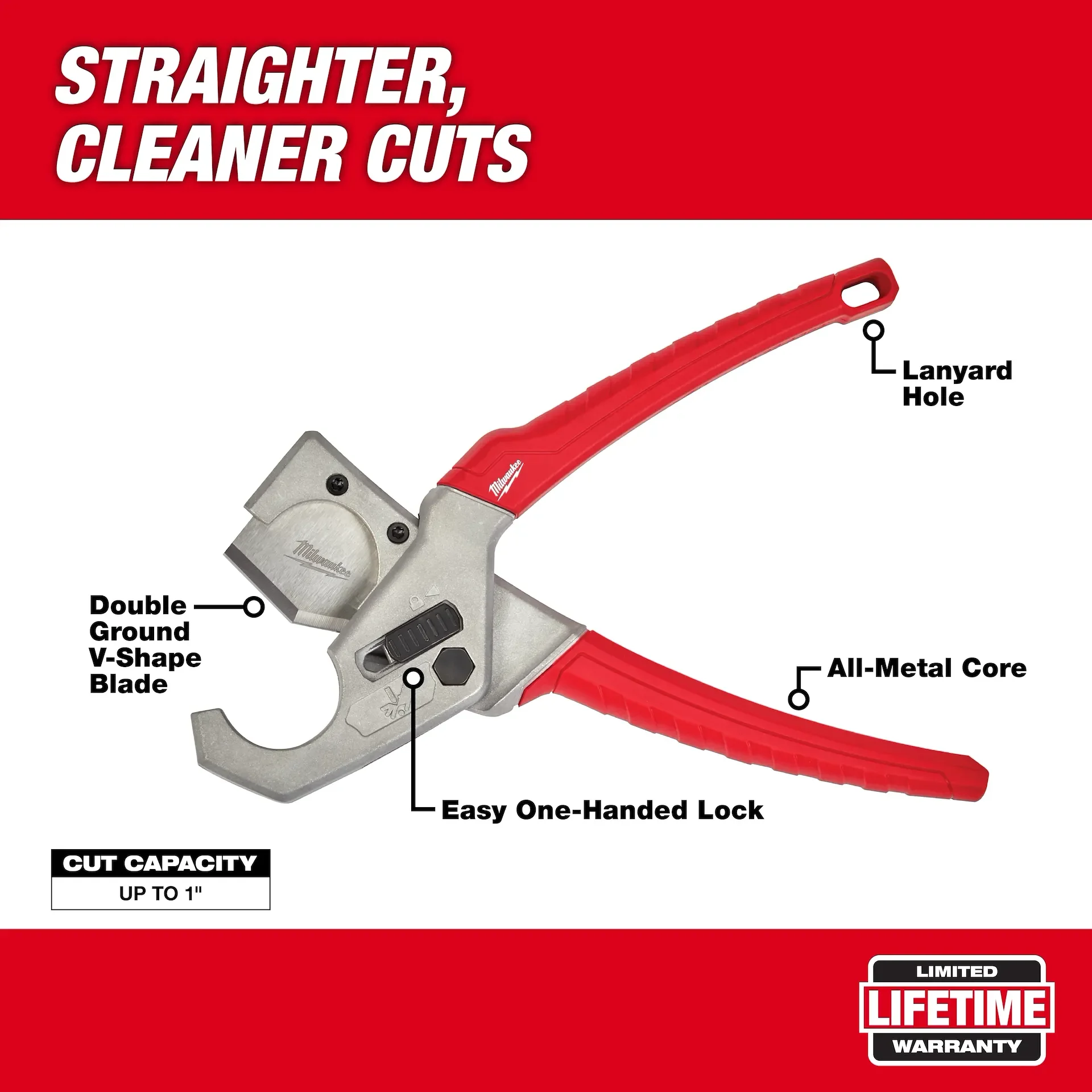 Milwaukee 48-22-4204 Ratchet PVC Pipe Cutter 1" Capacity Burr-Free Clean Cut for PVC CPVC PEX Plumbing Irrigation DIY Repair view 2