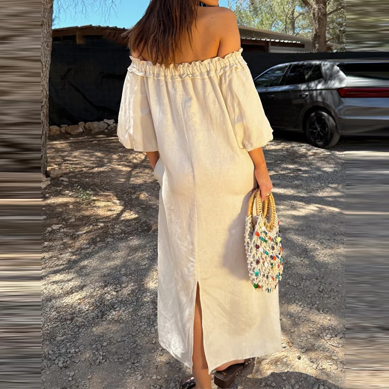 Elegante fora do ombro manga longa bohe vestido moda altura cintura solta plissado vestido longo senhora casual flor impressão vestidos de festa