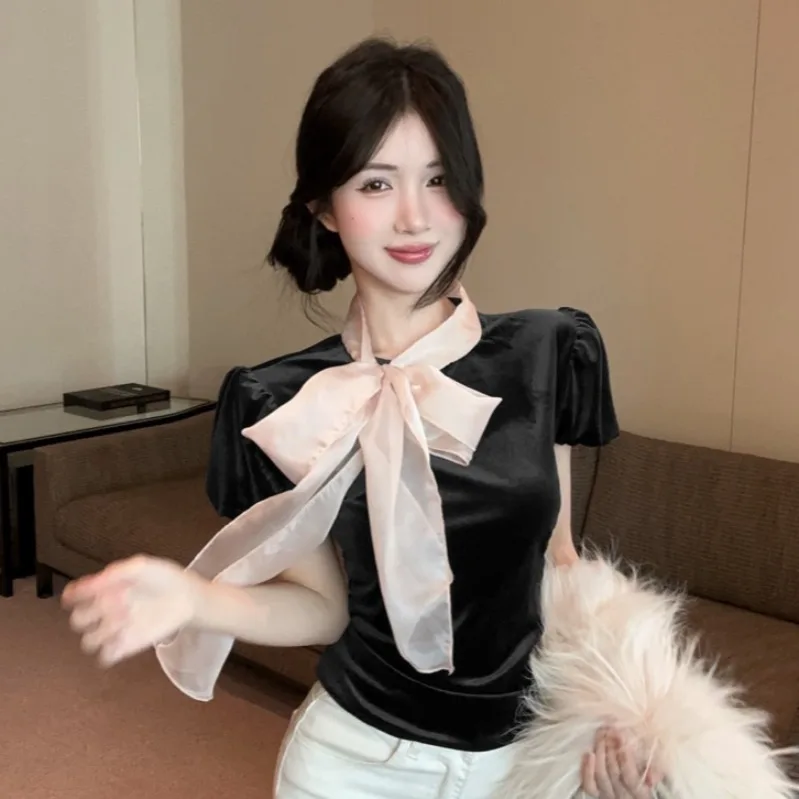 خريف شتاء جديد Sle المرأة irt القوس عقدة الساتان يشعر الطبقات الخصر تصميم سليم صالح ort Sve فقاعة Sve #1