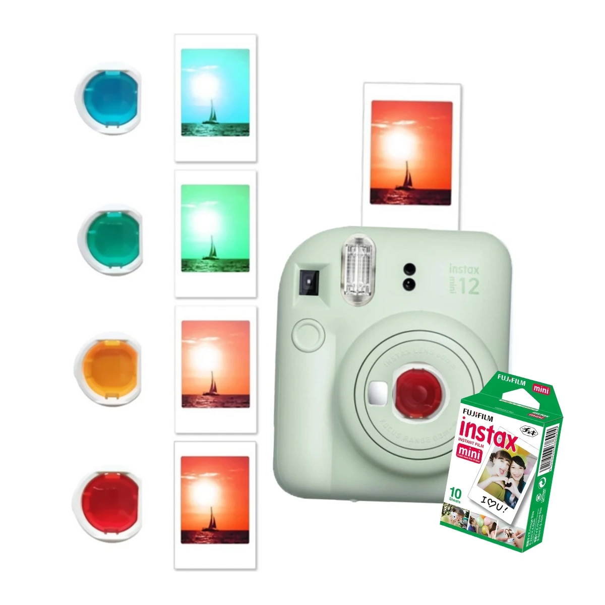 Instax Mini 12 Green Camera with Color Instax Mini 4 Colors Lenses (gift)