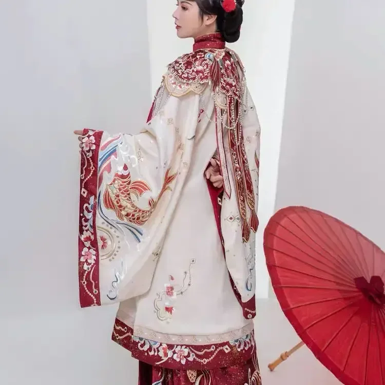 Traje de vestido tradicional chinês para mulheres, vestido bordado da indústria pesada, rosto de cavalo dourado tecido, ombro nuvem, hanfu feminino, 2021