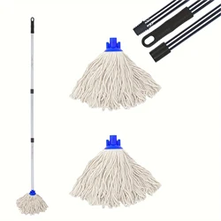 Long handle cotton mop for floor cleaning, 1 stainless steel long handle and 2 microfiber cloth mop heads